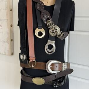 Chico’s Belt Lot of 8 Leather Silver Gold Metal Buckles Black Brown Rhinestones